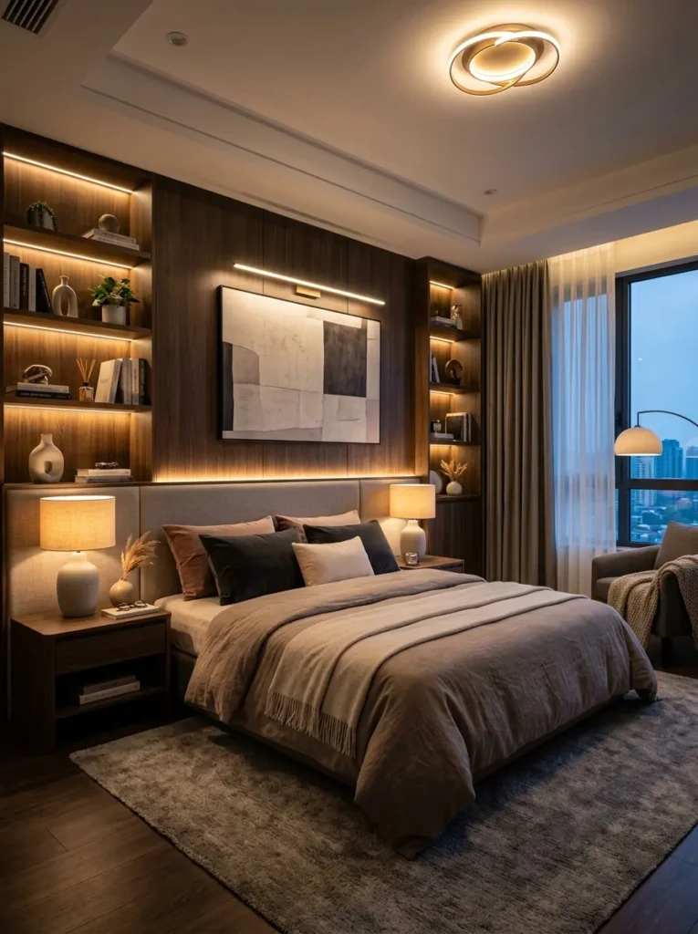 Cozy bedroom featuring layered lighting from LED strips, lamps, and accent lights for maximum ambiance.