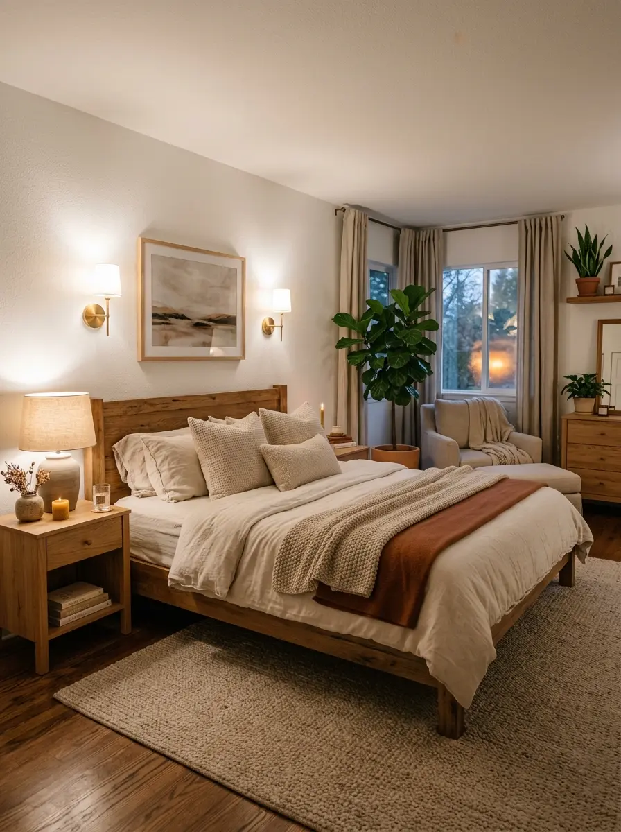 Beautiful modern bedroom featuring natural textures, indoor plants, and cozy decor.