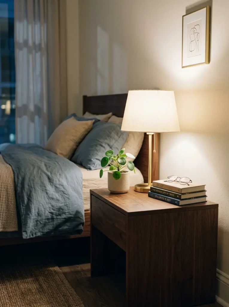 Modern nightstand with a lamp, books, and simple decor in a clutter-free bedroom.