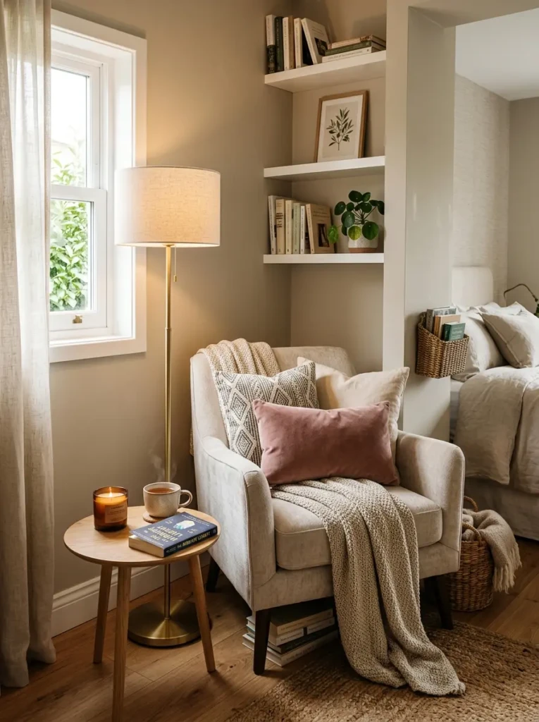 Stylish reading corner with cozy seating and soft neutral decor.