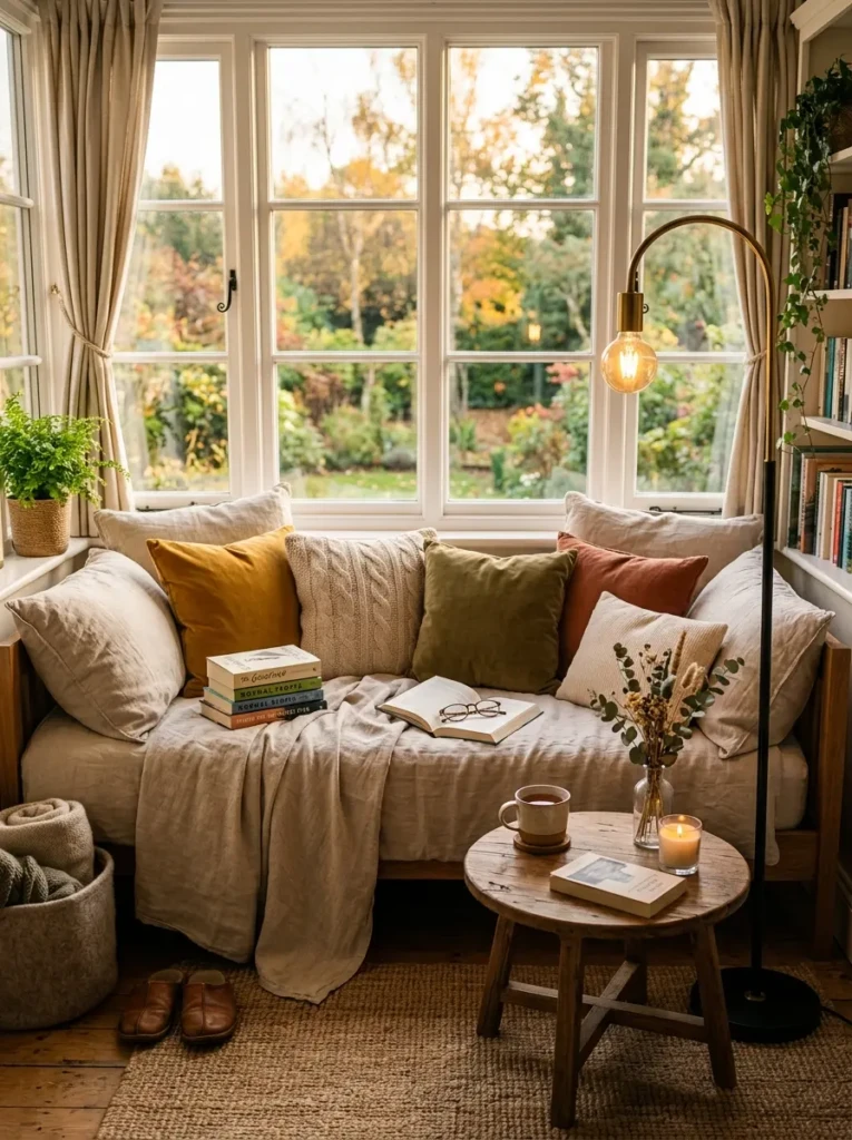 Day bed by a sunny window with oversized cushions, books, and soft lighting creating a relaxing reading corner.