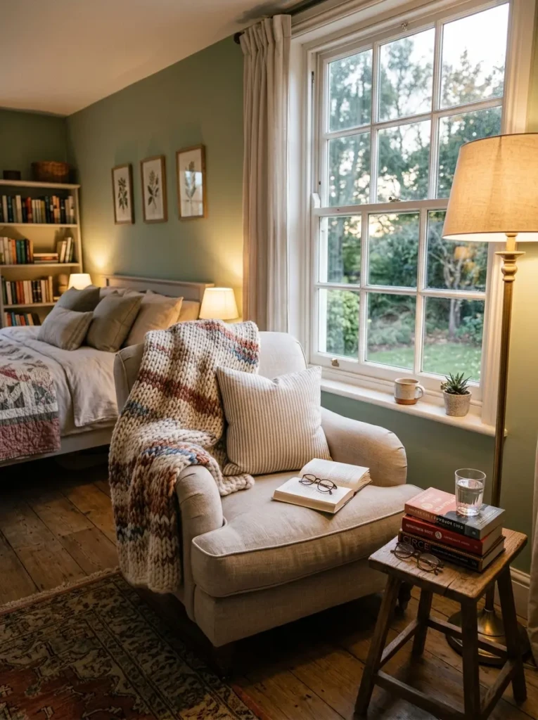 Comfortable reading corner with an armchair, throw blanket, and soft lighting by the window.