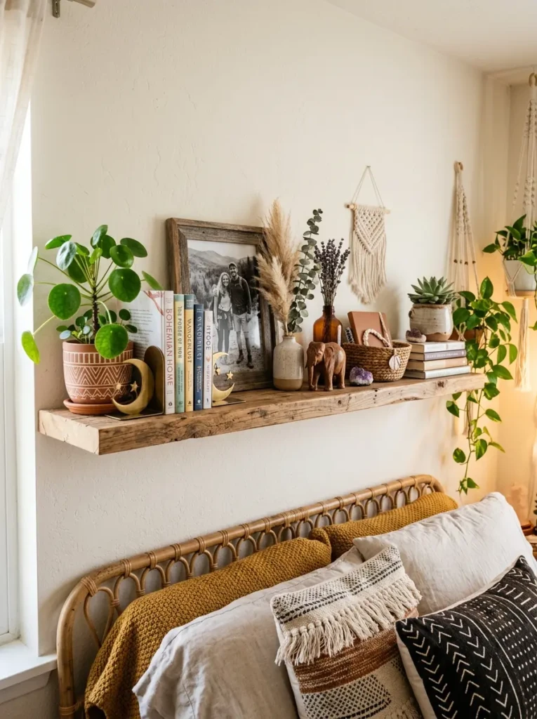 Decorative shelf arrangement featuring greenery, books, and personal keepsakes.