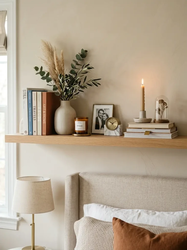 Decorative bedroom shelf displaying books, candles, and ceramic accents.