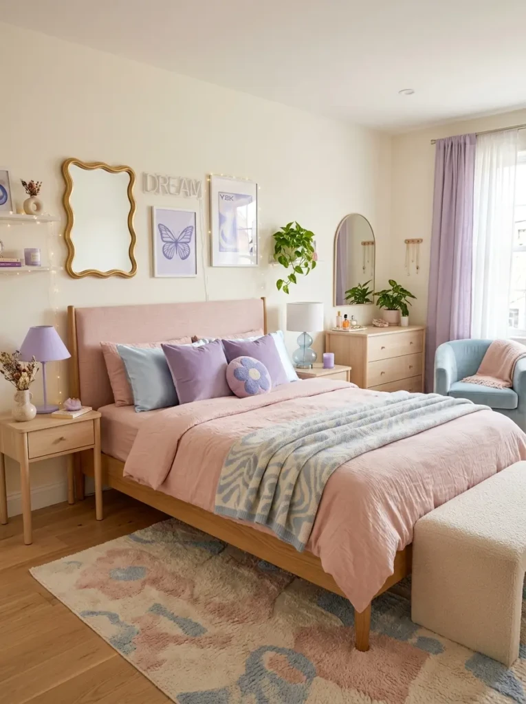 Bedroom featuring blush bedding, lavender pillows, and neutral furniture in a Y2K design.