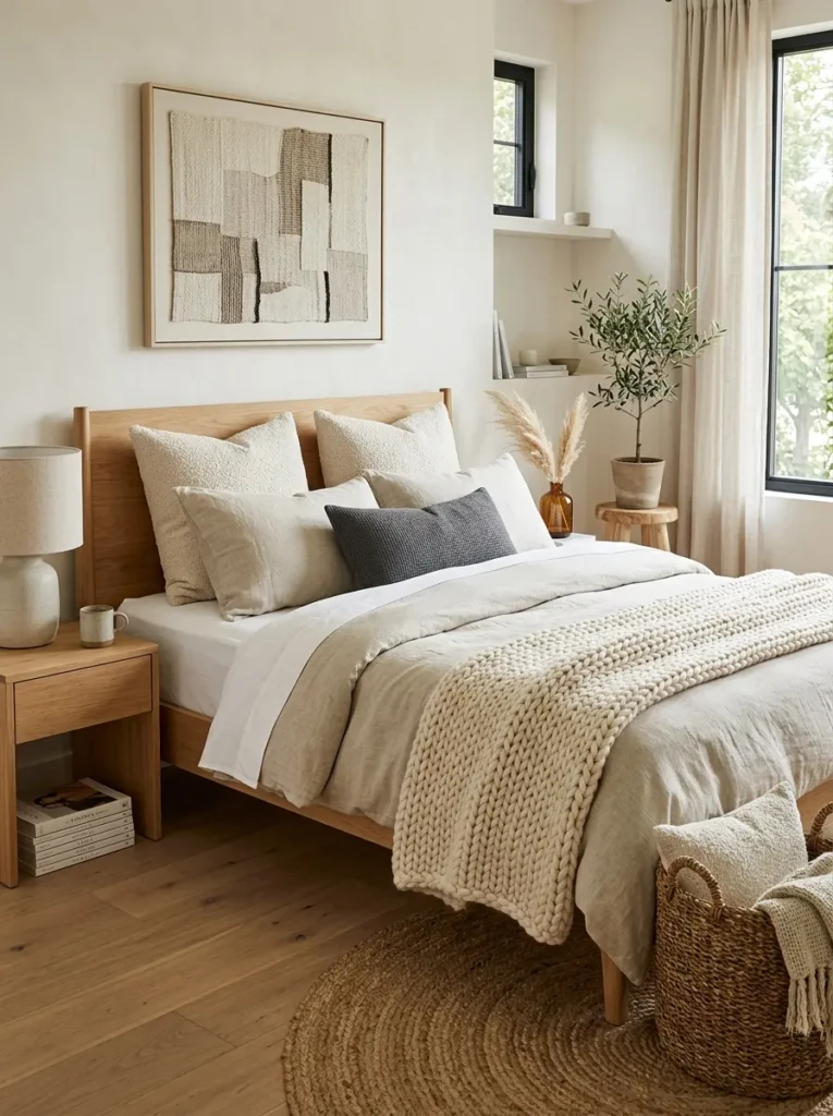Cozy bedroom with linen bedding, boucle pillows, and natural wood furniture.