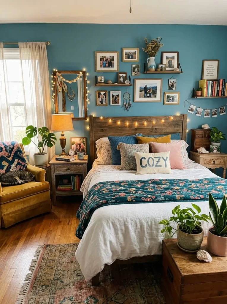 Personalized bedroom styling featuring favorite colors and treasured decorative items.