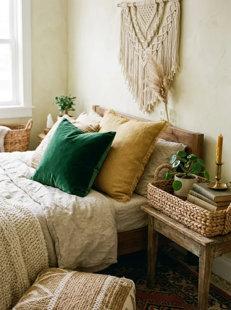 Close-up of mixed textures including linen, velvet, and woven decor.
