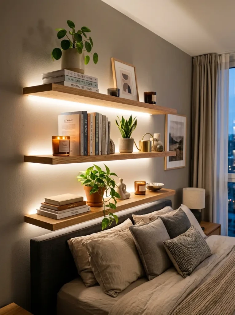 Wooden floating shelves illuminated by LED lighting displaying books, plants, and decorative accessories.