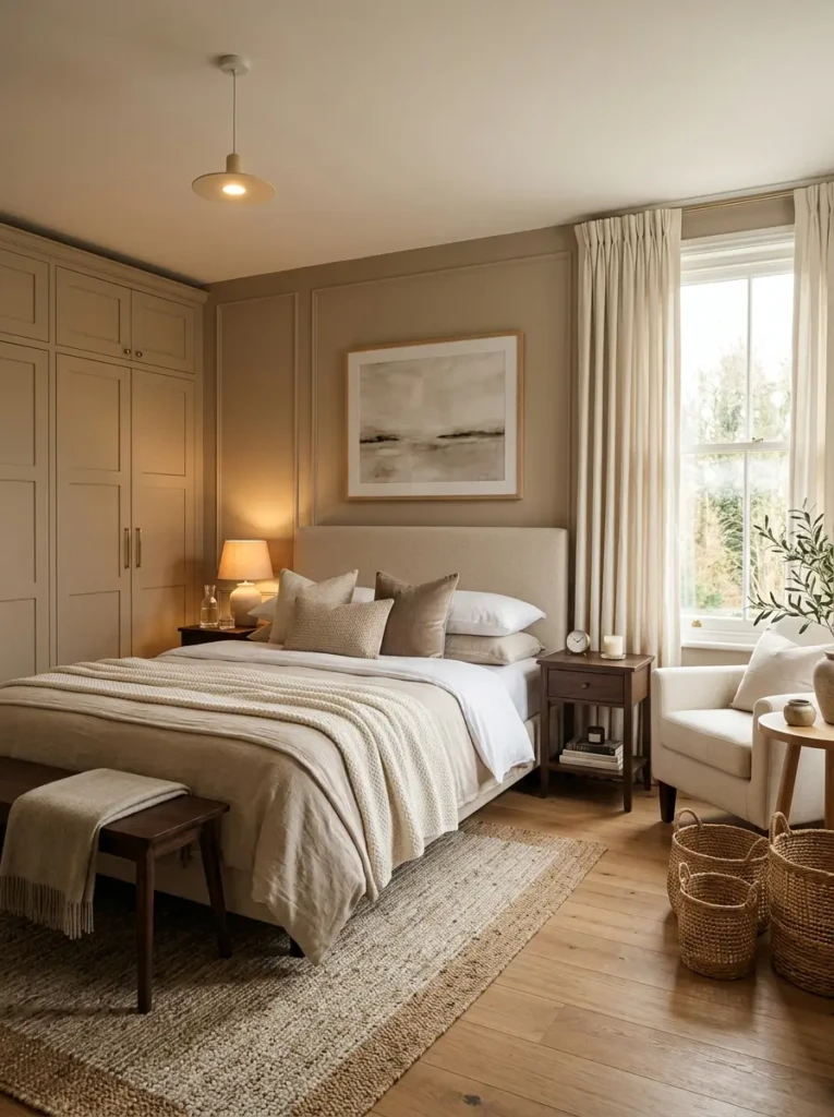 Inviting bedroom with a beige wardrobe, cream curtains, layered textiles, and soft golden lighting.