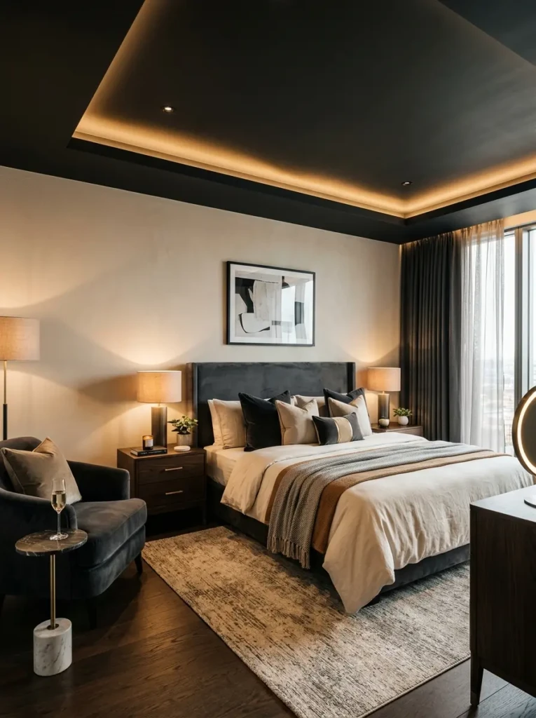 Sophisticated bedroom with a black false ceiling and warm ambiance.