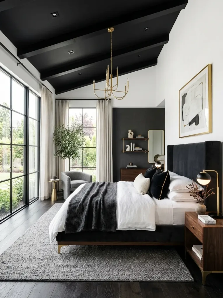 Stylish contemporary bedroom featuring black ceiling accents, white furnishings, and sophisticated contrast.