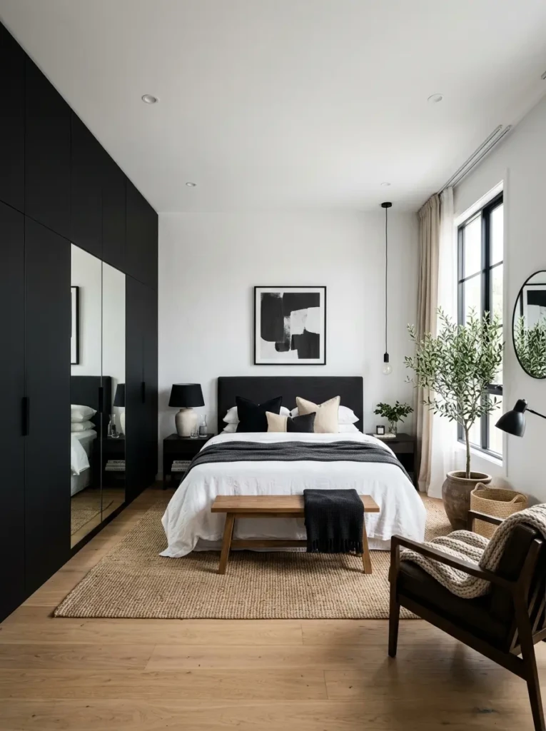 Contemporary bedroom featuring a matte black wardrobe, white walls, large mirrors, and minimalist decor.