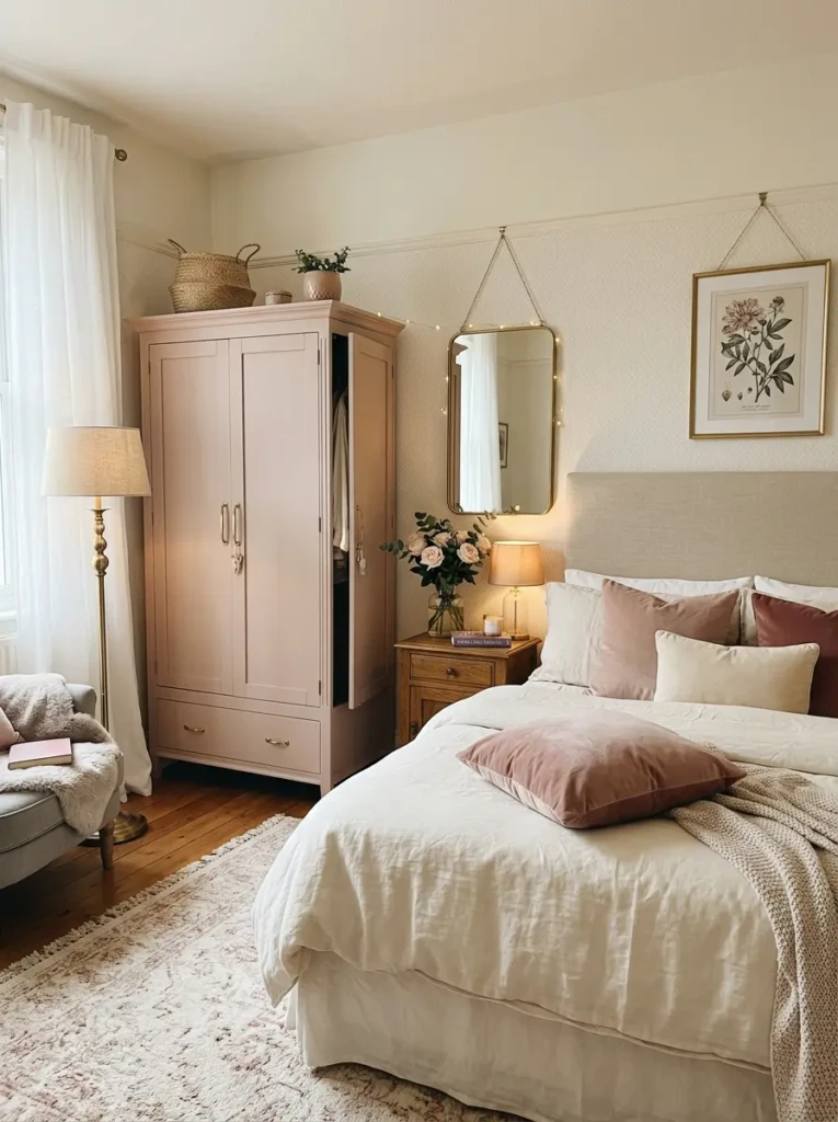 Charming bedroom with a muted blush pink wardrobe, velvet cushions, cream textiles, and soft ambient lighting.