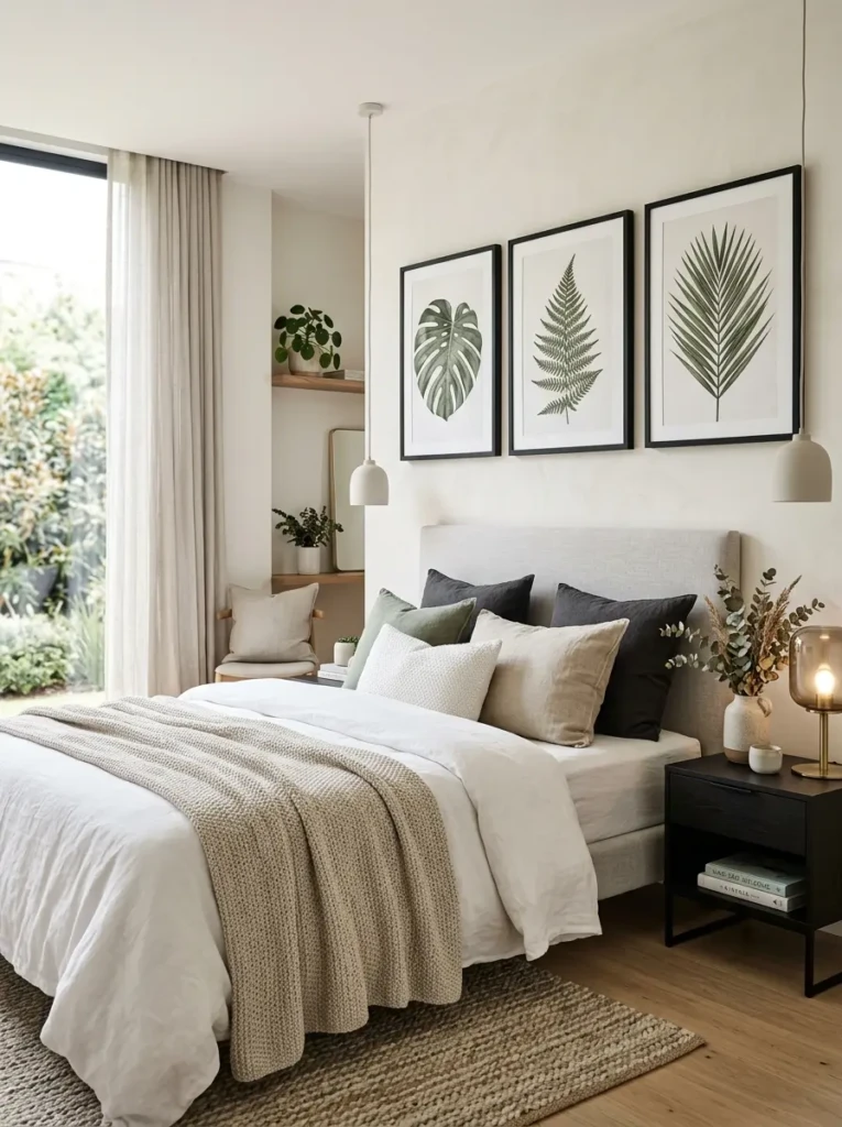 Modern bedroom styled with oversized botanical artwork and neutral decor.