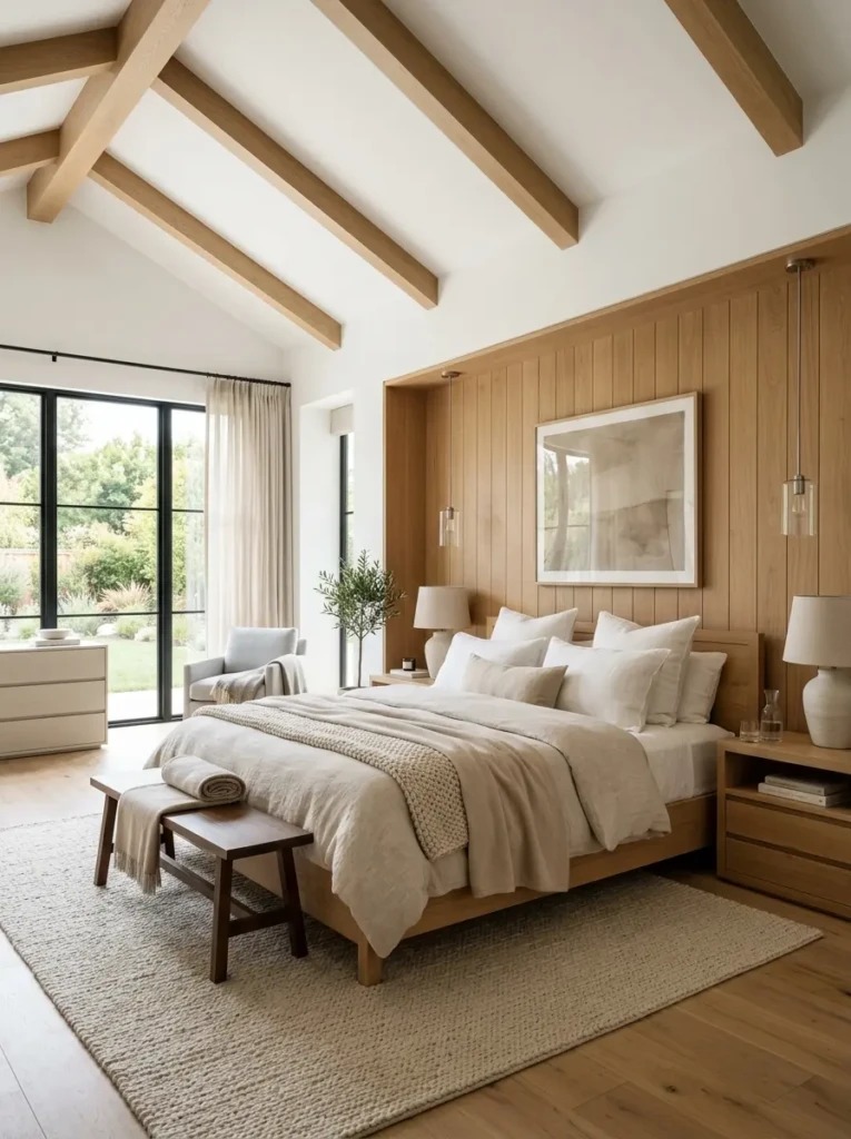 Stylish bedroom with contemporary ceiling beams, natural wood finishes, and cozy modern furnishings.