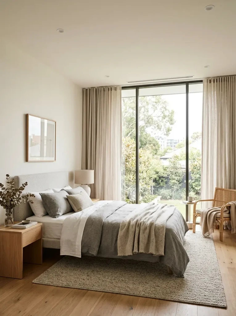 Modern bedroom featuring long neutral curtains and airy interior design.
