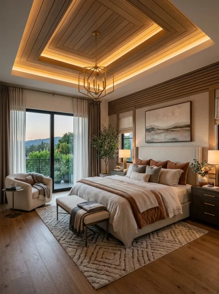 Elegant modern bedroom showcasing stylish ceiling features, cozy furnishings, and a relaxing retreat atmosphere.