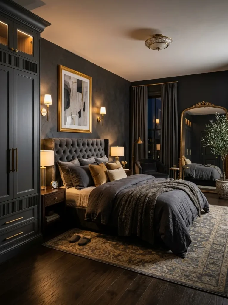 Stylish bedroom with a charcoal wardrobe, gold accents, plush bedding, and warm lighting creating a dramatic and elegant look.