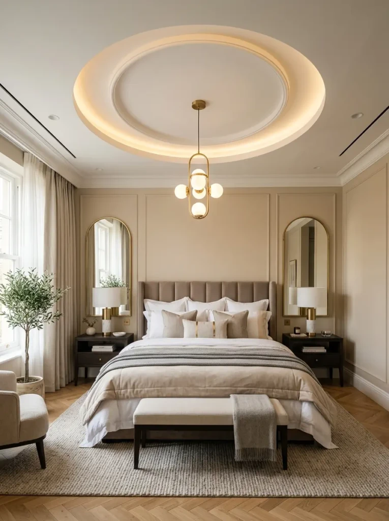 Elegant bedroom featuring a circular ceiling design above the bed.