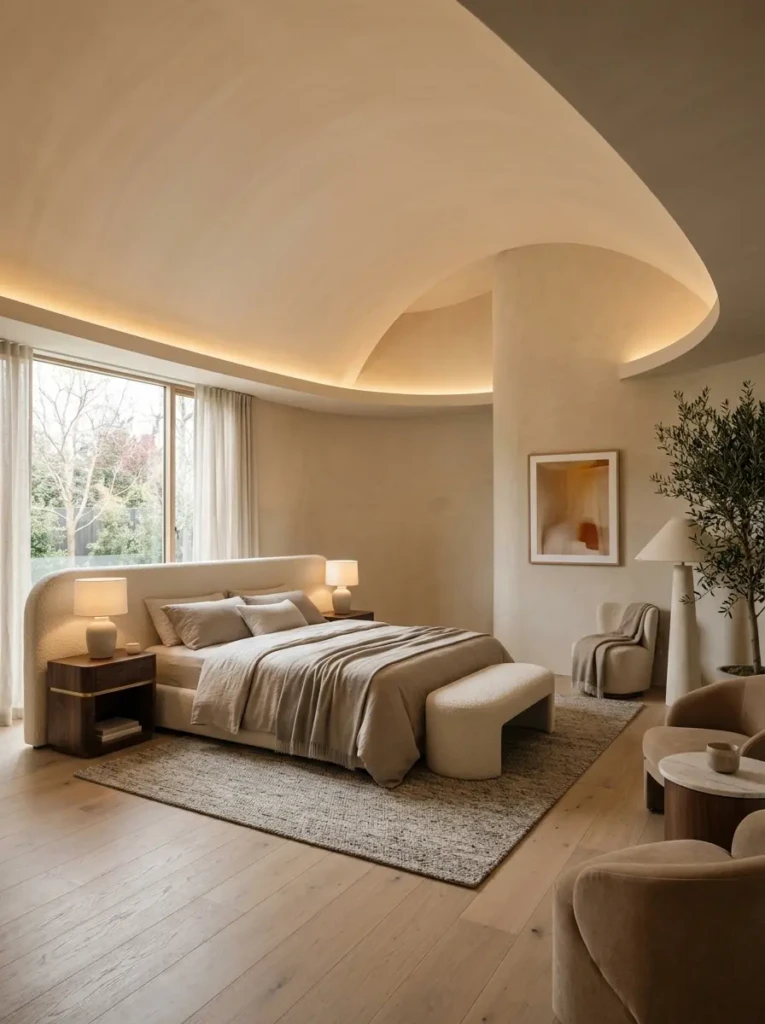 Serene bedroom featuring a curved ceiling design with soft architectural lines and warm neutral colors.