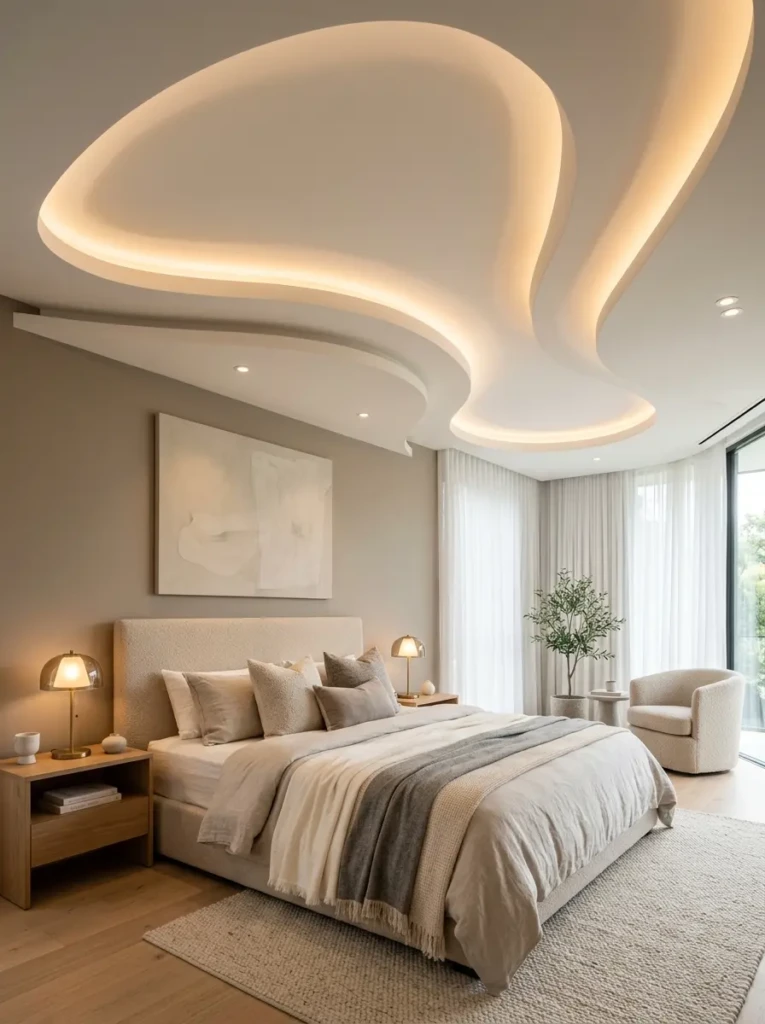 Stylish bedroom featuring a curved ceiling design with soft lighting.