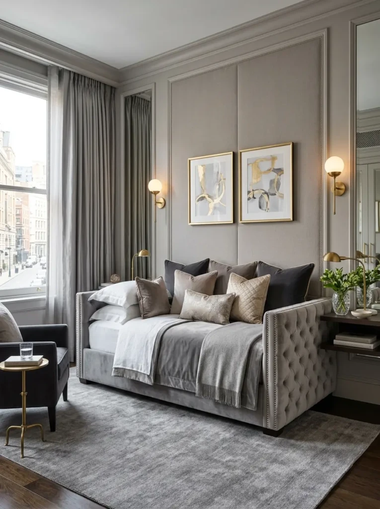 Elegant bedroom with tufted day bed, velvet pillows, brass accents, and upscale hotel-inspired decor.