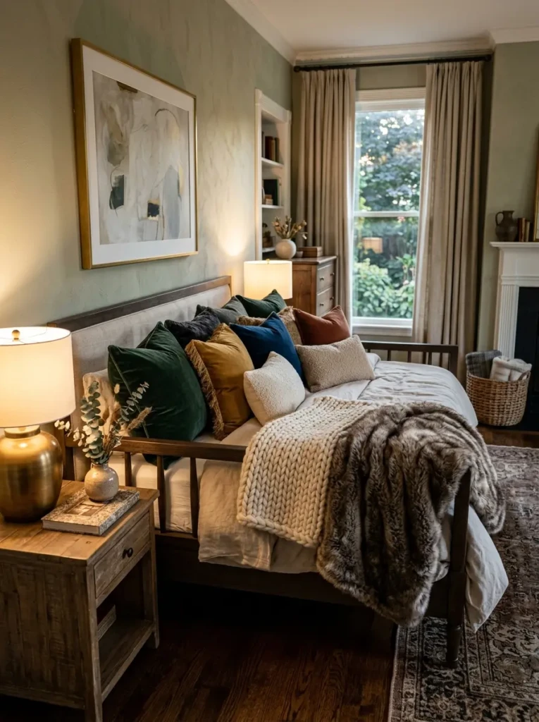 Cozy luxury day bed styled with velvet cushions, knit blankets, boucle accents, and layered textures.