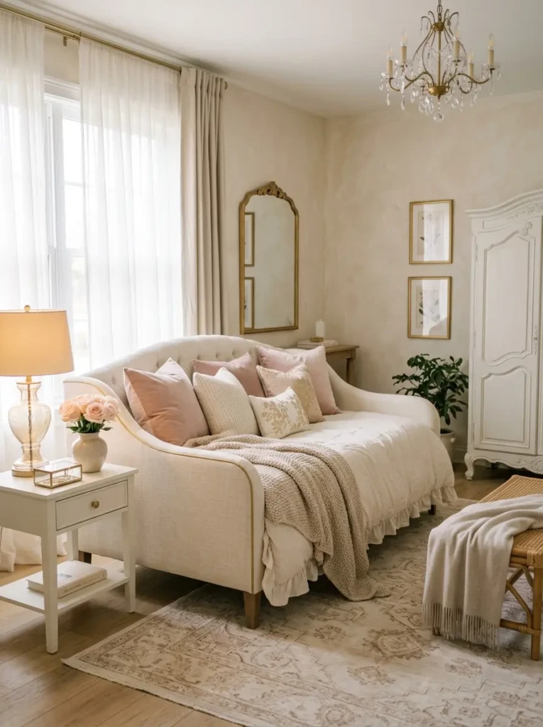 Cream day bed styled with blush pink pillows, beige throws, and elegant gold accents.