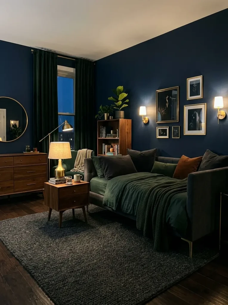 Dark cozy bedroom with charcoal day bed, navy walls, ambient lighting, and sophisticated decor.