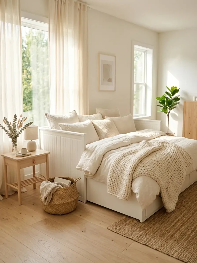 White day bed with fluffy pillows, ivory bedding, knit throw, and sheer curtains creating an airy cozy bedroom.