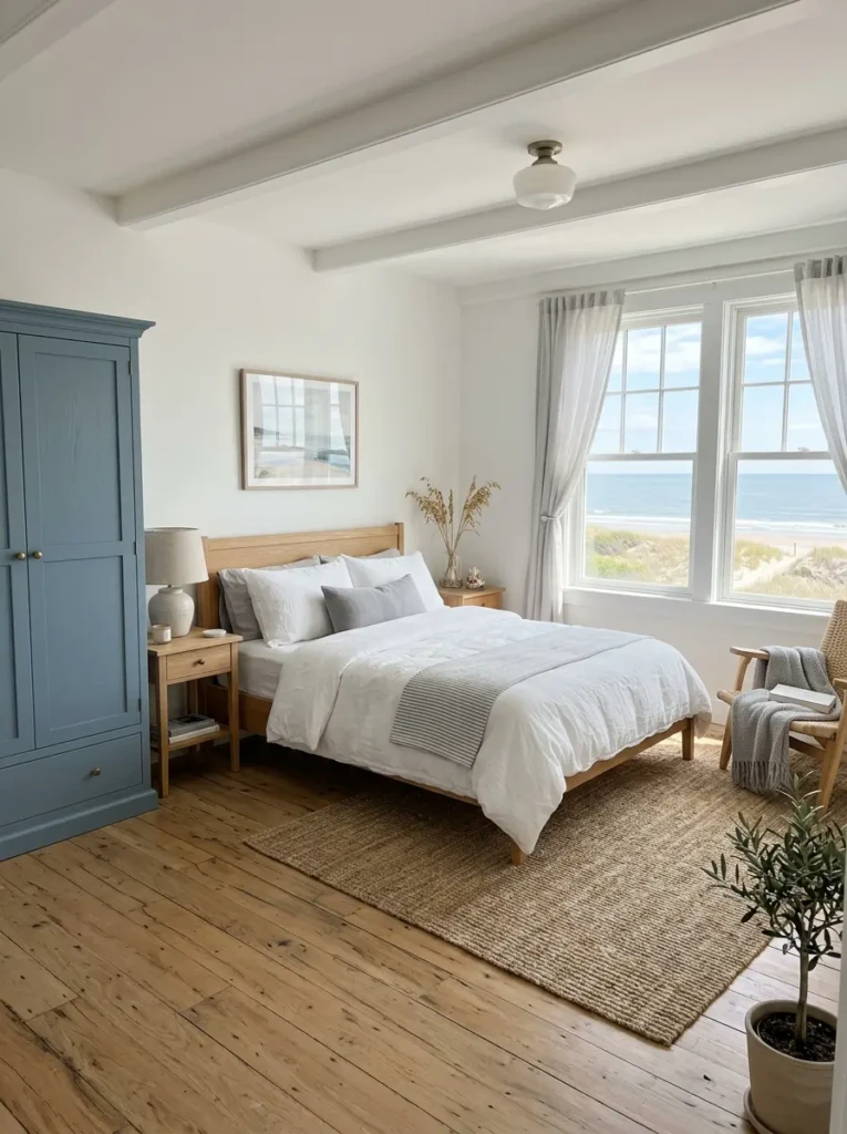 Bright bedroom featuring a dusty blue wardrobe, white bedding, oak furniture, and calming coastal-inspired decor.