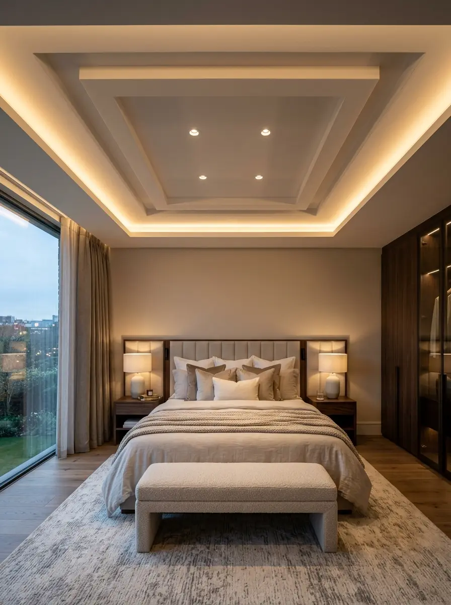 Modern bedroom featuring an elegant false ceiling with warm cove lighting, cozy bedding, and a luxurious inviting atmosphere.
