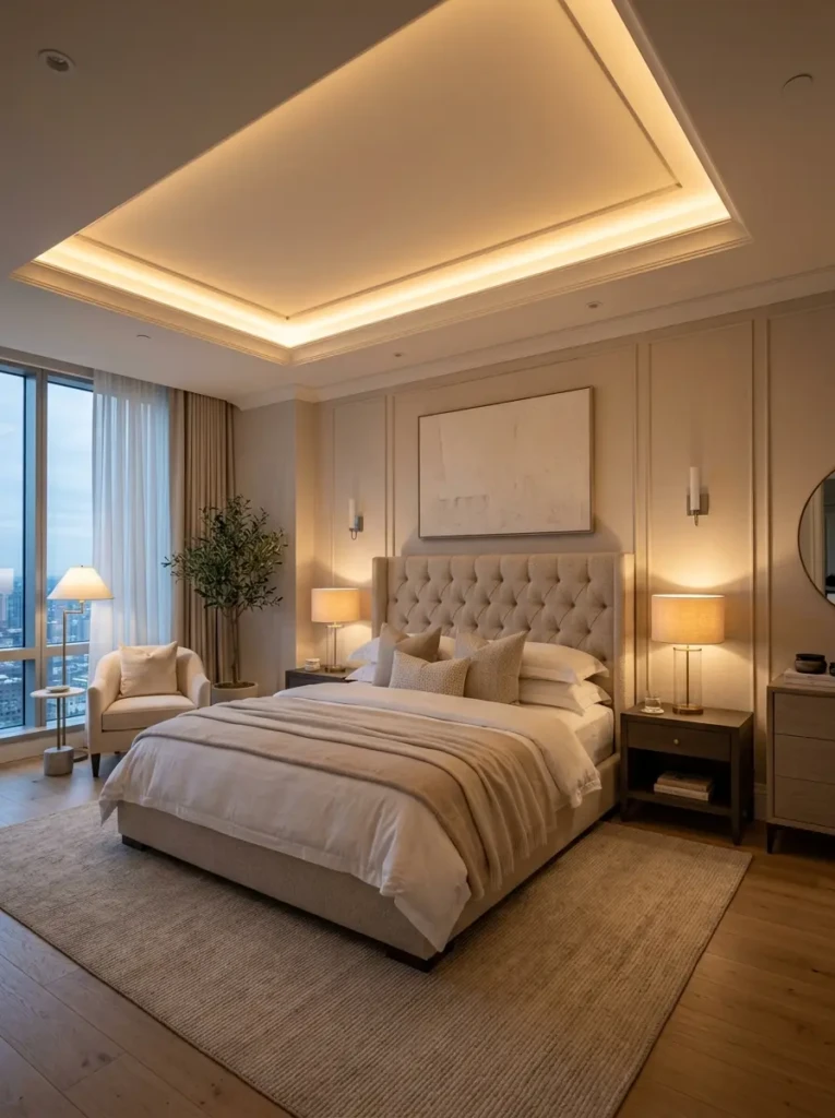 Contemporary bedroom featuring a floating tray ceiling with hidden LED lighting, soft neutral colors, and elegant modern decor.