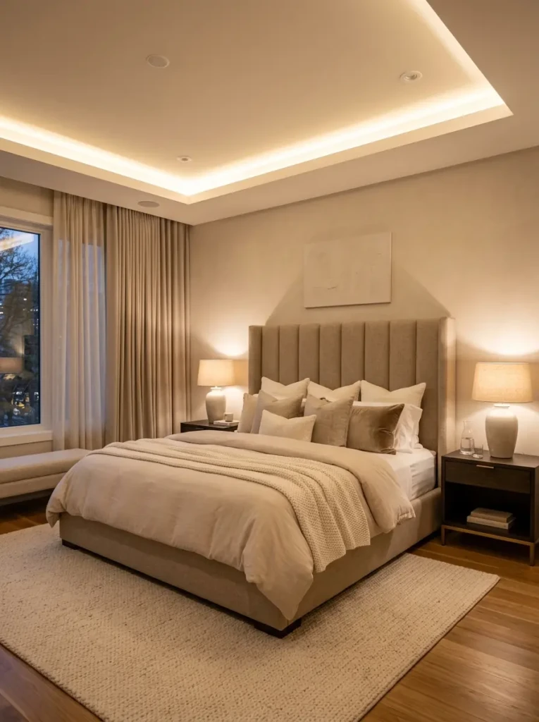 Luxury bedroom with floating cove false ceiling and hidden LED lighting.