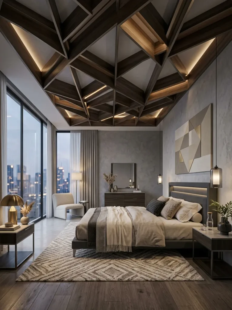 Contemporary bedroom showcasing geometric ceiling panels that add texture and architectural interest.