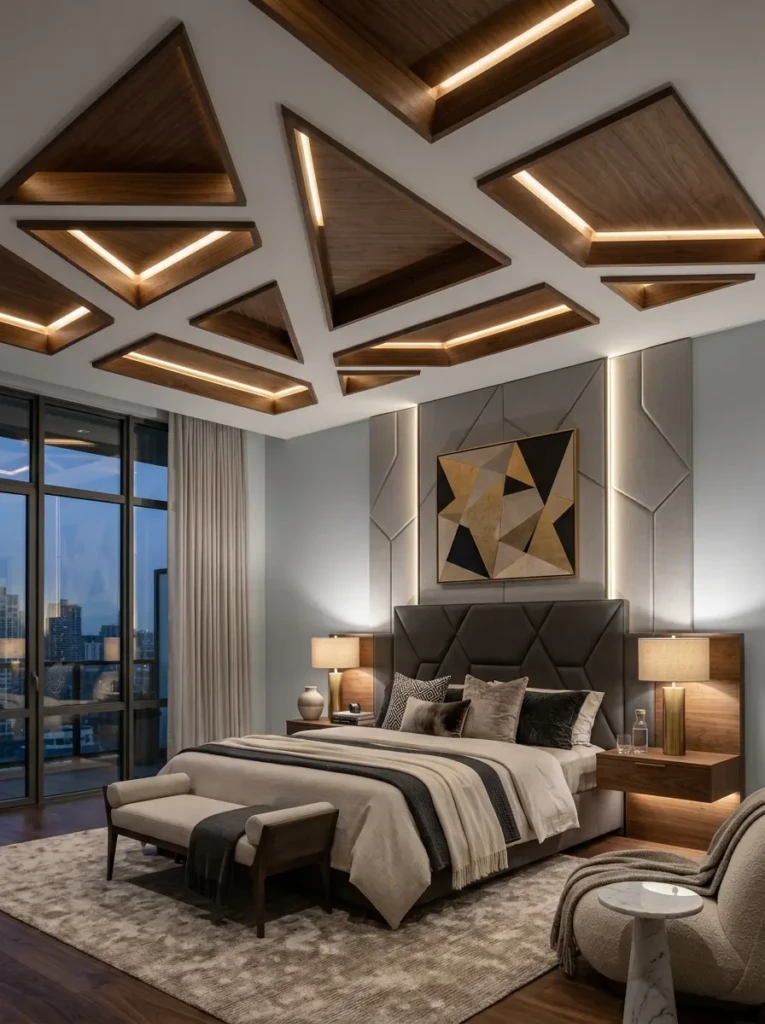 Contemporary bedroom with geometric false ceiling patterns and LED accents.