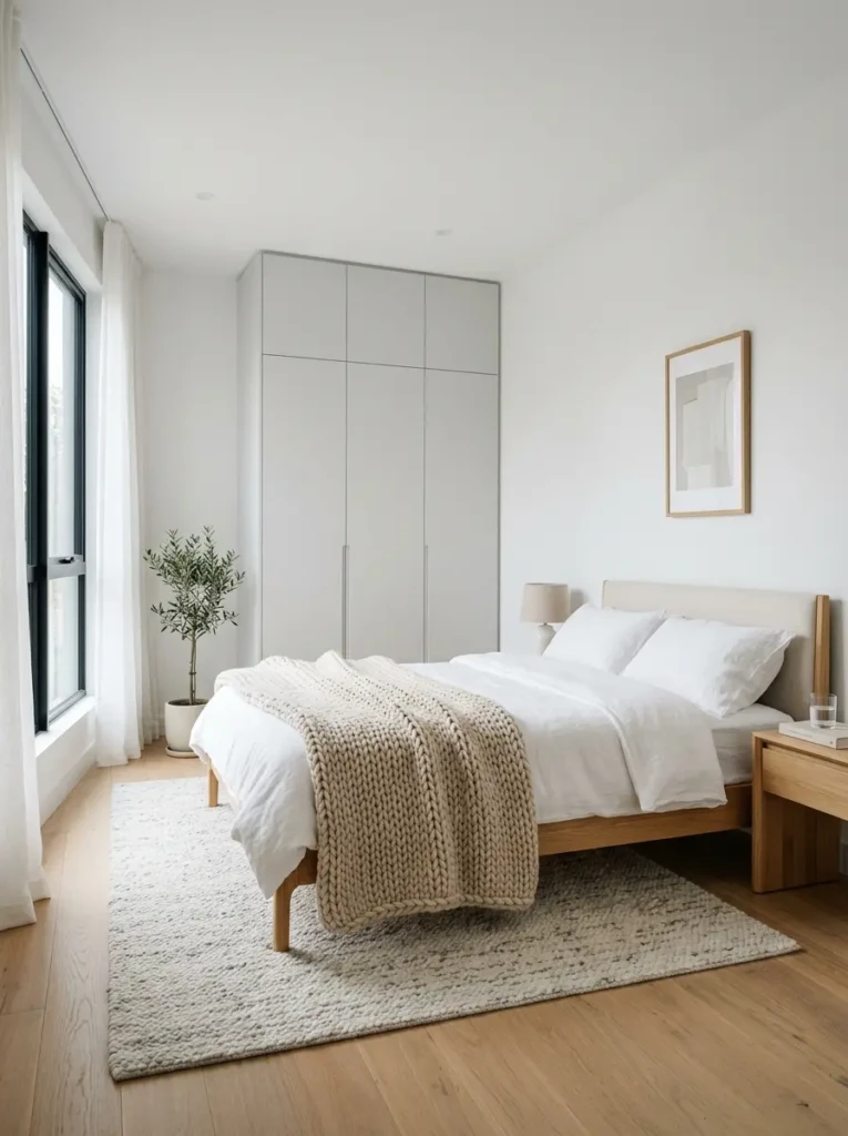 Minimalist bedroom featuring a light gray wardrobe, soft rug, natural wood furniture, and bright daylight.