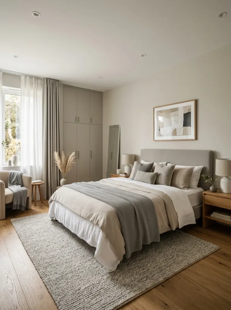 Modern bedroom with a matte greige wardrobe, layered neutral textures, warm wood flooring, and sophisticated minimalist styling.