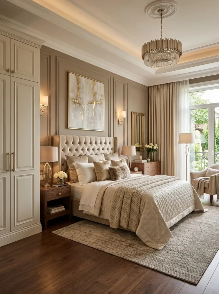 Sophisticated bedroom with an ivory wardrobe, plush bedding, warm wood accents, and soft ambient lighting.