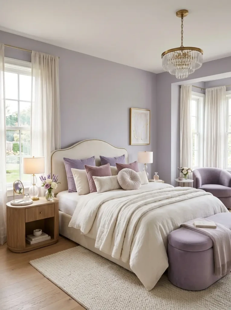Serene bedroom featuring lavender gray walls, ivory bedding, velvet cushions, soft lighting, and elegant curved furniture.