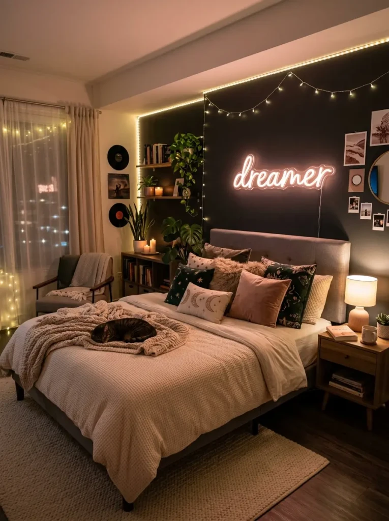 Stylish bedroom featuring a decorative LED neon sign above the bed with cozy ambient lighting.