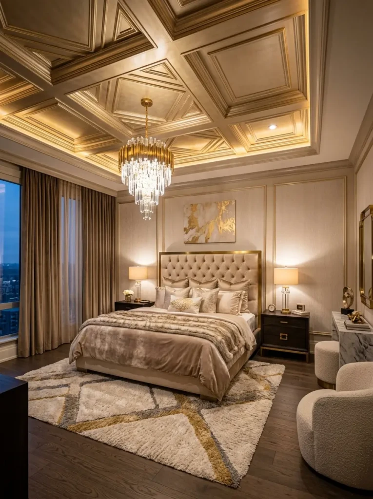 Luxury bedroom with subtle metallic ceiling details, warm lighting, and elegant contemporary decor.