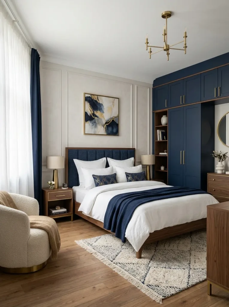 Elegant bedroom featuring a navy wardrobe, brass hardware, white bedding, and warm wooden accents.