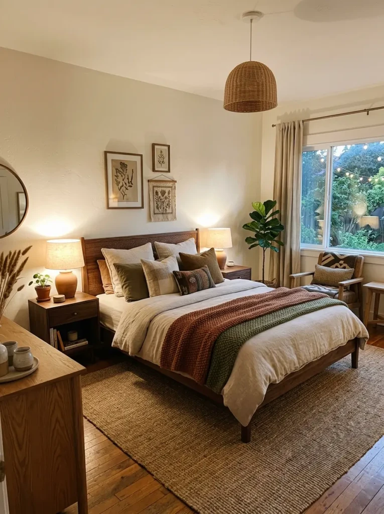 Cozy bedroom featuring natural wood furniture, soft textures, and warm earthy tones.