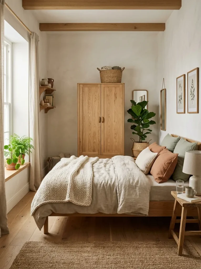 Warm bedroom with a natural wood wardrobe, linen bedding, indoor plants, and earthy Scandinavian-inspired styling.