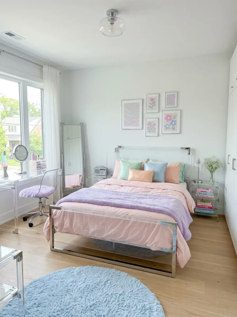 Acrylic side table paired with chrome accents and soft pastel bedroom accessories.