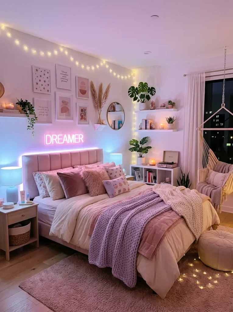 Bedroom illuminated with soft pink, lavender, and blue LED lighting for a dreamy aesthetic look.