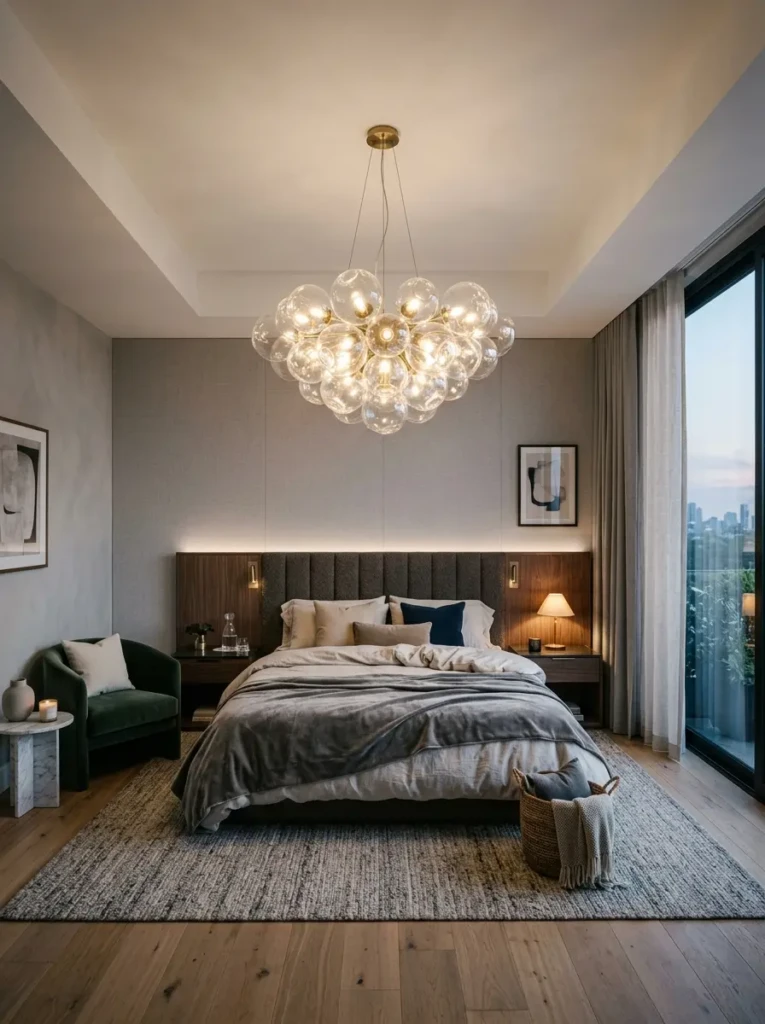 Modern bedroom featuring a large designer pendant light hanging from an elegant ceiling design.
