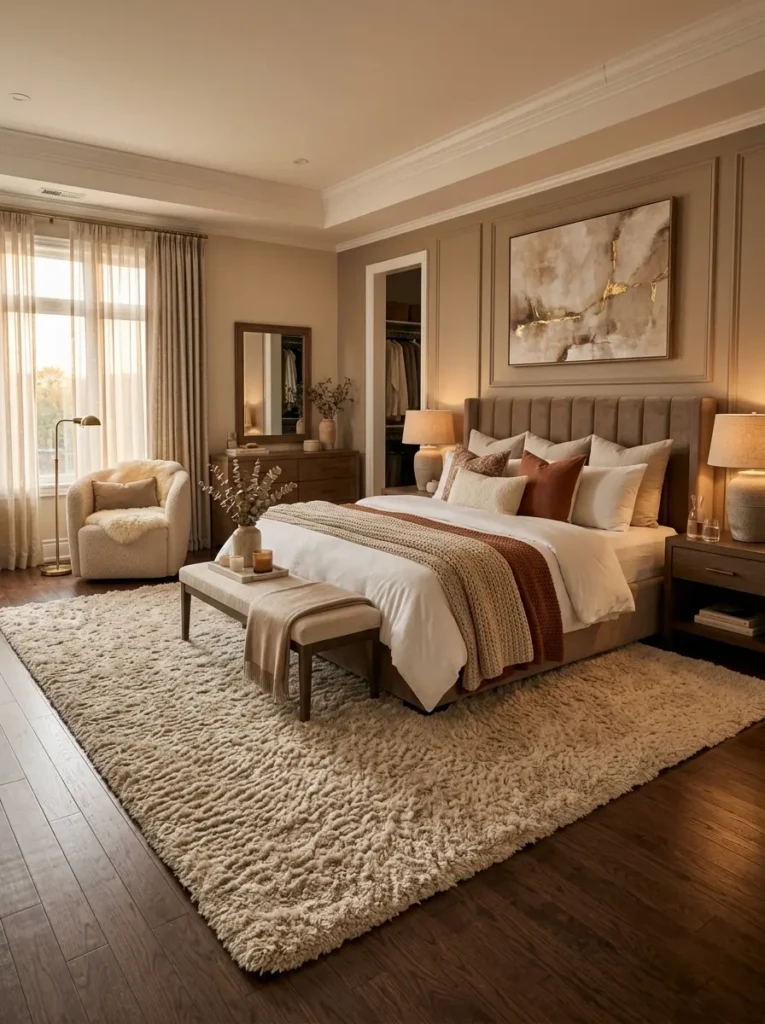 Comfortable bedroom with a large soft area rug extending beneath the bed.